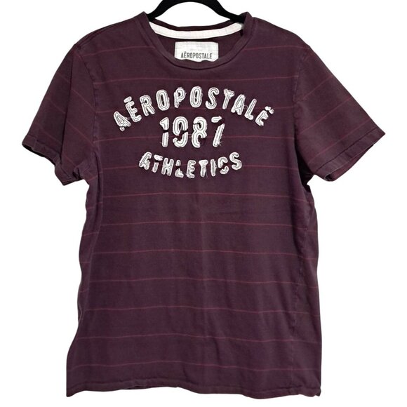 Aeropostale Mens Maroon Graphic T-Shirt L Striped Short Sleeves - Picture 2 of 9